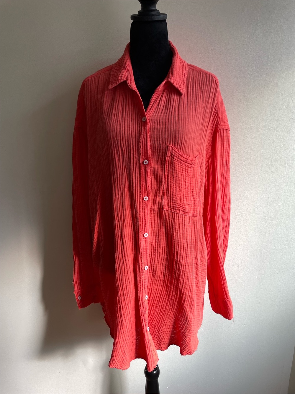 Aerie 100% Cotton Gauze Tunic Button Down Shirt M Coral Red Boho